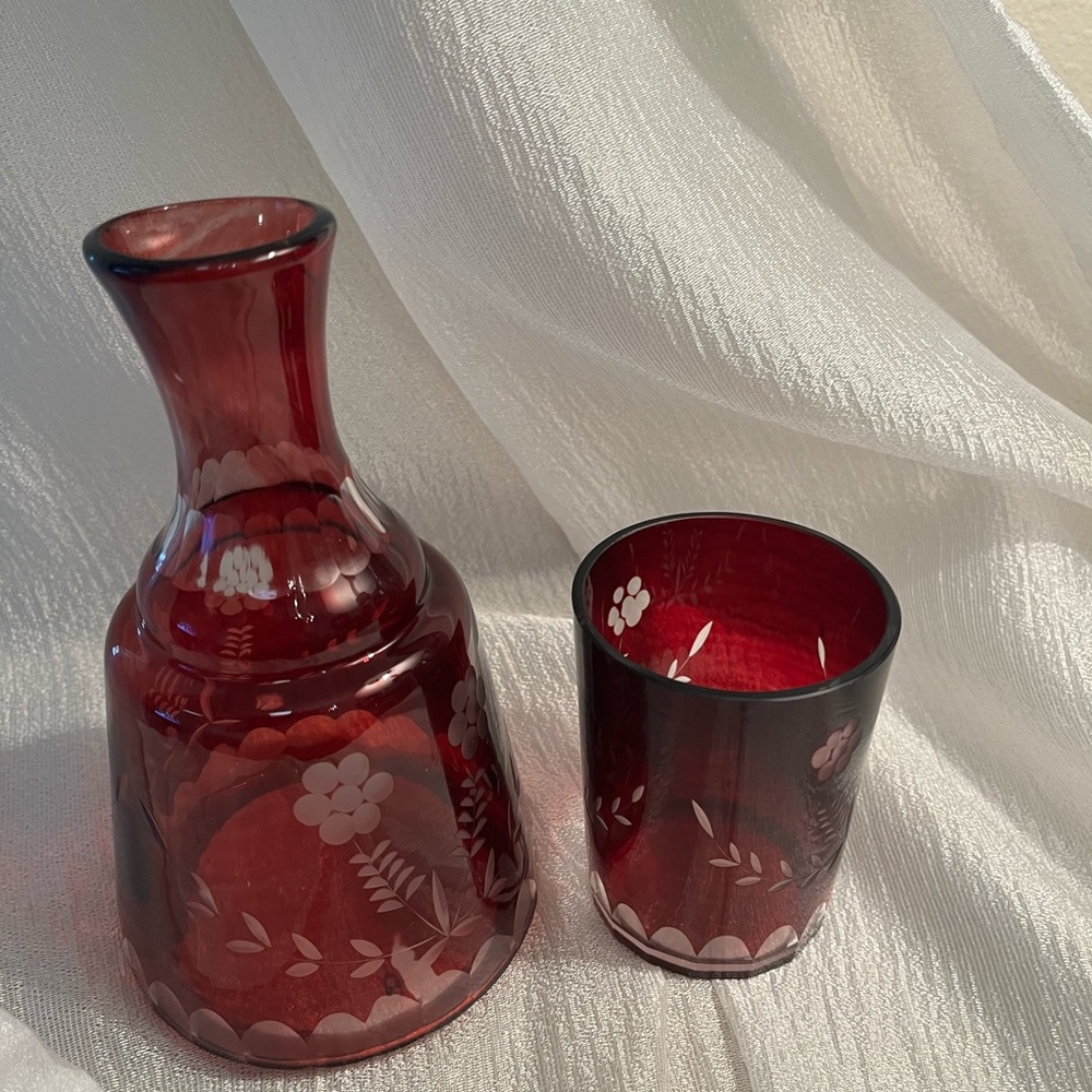 Bohemian Czech Ruby Red Cut Clear Glass Decanter /Tumbler Bedside Set